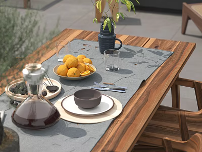 Dinnerware Set On Outdoor Wooden Table With Placemat 3d model