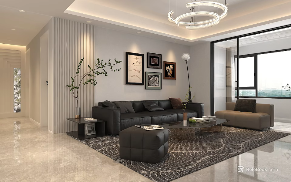 Elegant Modern Black Leather Sofa And Coffee Table Set For Stylish Luxury Home Living Room 3d model 