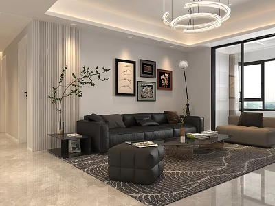 Elegant Modern Black Leather Sofa And Coffee Table Set For Stylish Luxury Home Living Room 3d model