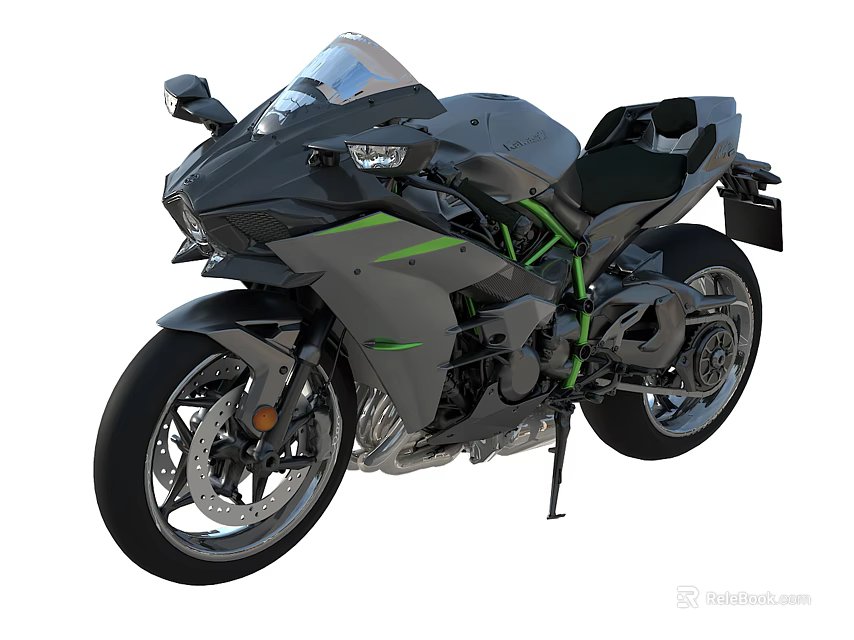 Sleek Modern Sporty Motorcycle With Black Gray Body Green Accents And Alloy Wheels 3d model 