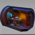 Character And Small Creatures In Colorful Miniature Studio With Table Shelves And Cozy Lighting