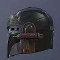 Mandalorian Style Helmet with Green Yellow Camo Design Metallic Armor And Worn Surface Details