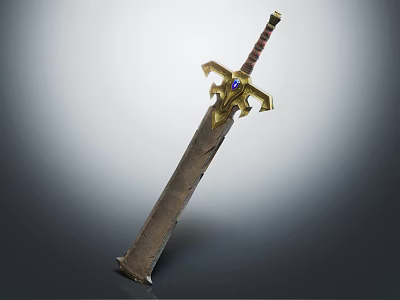 Ornate Medieval Sword With Golden Guard Blue Gemstone Brown Handle And Textured Blade 3d model
