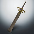 Ornate Medieval Sword With Golden Guard Blue Gemstone Brown Handle And Textured Blade