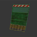 Green Construction Barrier Featuring Red White Striped Top Mesh Panel And Wooden Base