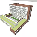 Multi Story Modern Office Building with Red White Facade Green Roof and Surrounding Trees