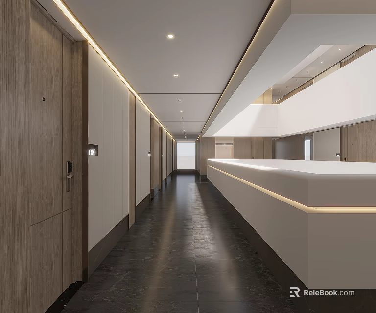 Modern Elevator Hallway Design With Wooden Doors White Counter And Recessed Lighting 3d model 