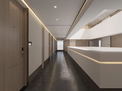 Modern Elevator Hallway Design With Wooden Doors White Counter And Recessed Lighting 3d model
