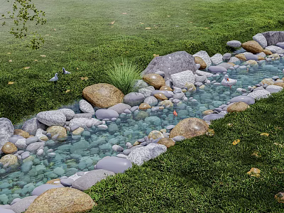 Tranquil Garden Landscape Featuring Natural Stream Stones Lush Green Grass And Plants 3d model