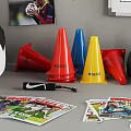 Sports Equipment Display With Soccer Balls Training Cones Tactical Board And Trophies