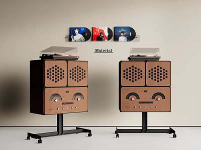 Brown Wooden Speaker System with Grill Design and Vinyl Records on Wall Background 3d model