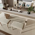Minimalist Wooden Tea Table and Stools With Tea Set Decorative Plant and Beige Rug