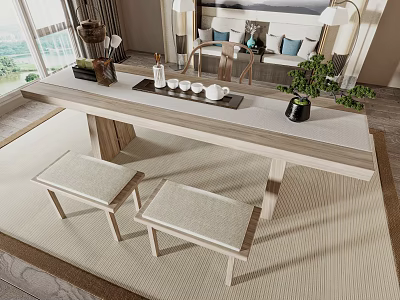 Minimalist Wooden Tea Table and Stools With Tea Set Decorative Plant and Beige Rug 3d model