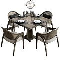 Modern Dining Table Set With Four Rattan Chairs And Pendant Light Tableware 3d model