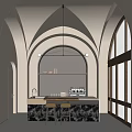 Charming Café Interior Featuring Beige Walls Arched Structure Bar Counter Coffee Machine And Natural Light