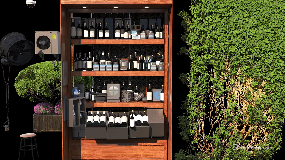 Stylish Wooden Wine Cabinet With Multi Tiered Shelves And Bottles Near Green Plants 3d model 