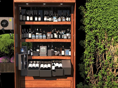 Stylish Wooden Wine Cabinet With Multi Tiered Shelves And Bottles Near Green Plants 3d model
