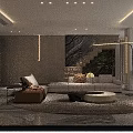 Modern Living and Dining Room Interior With Beige Sofa Brown Accent Chair And Floor Lamp
