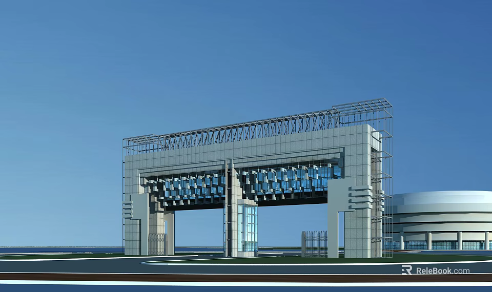 Modern Entrance Gate Design With Metal Frame Glass Panels And Blue Sky Background 3d model 