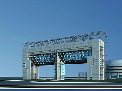 Modern Entrance Gate Design With Metal Frame Glass Panels And Blue Sky Background 3d model