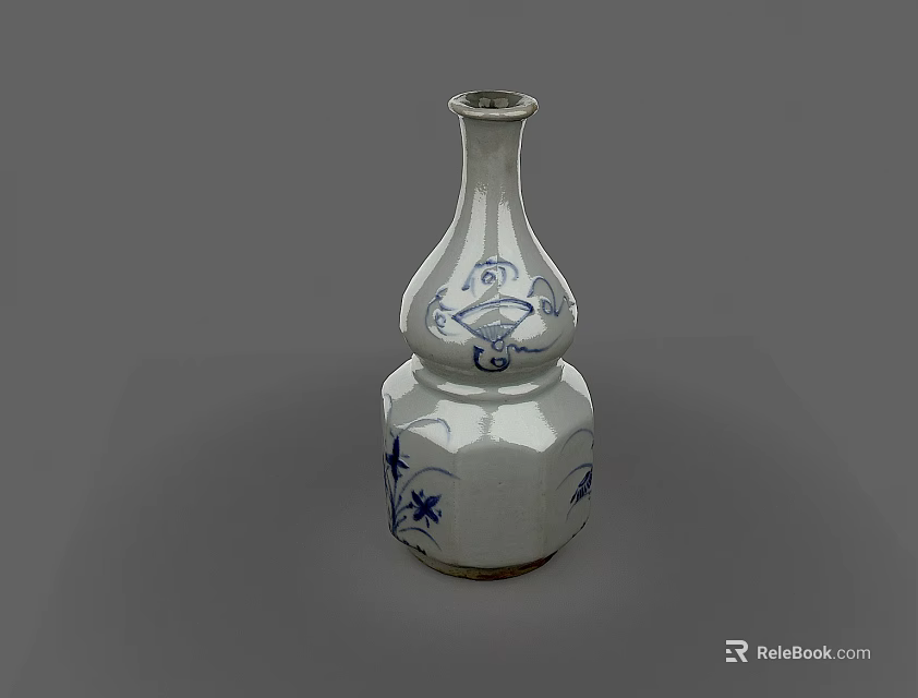 Traditional Gourd Shaped Ceramic Vase With Blue And White Floral Patterns 3d model 