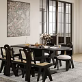 Black Oval Dining Table Set With Woven Chairs Flower Vase Food Items And Wall Art