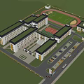 Modern School Building Campus Design With Green Roofs Sports Field Parking Lot and Trees