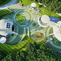 Children's Play Area With Dome Shaped Structures Green Lawns And Circular Paths In Natural Surroundings