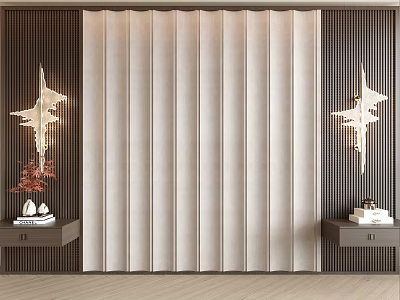 Beige Vertical Striped Upholstered Background Wall With Dark Wooden Grid Paneling And Star Shaped Lamps 3d model