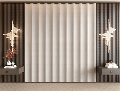 Beige Vertical Striped Upholstered Background Wall With Dark Wooden Grid Paneling And Star Shaped Lamps 3d model