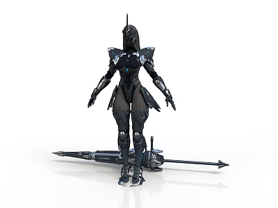 Standing Armored Character In Black Futuristic Armor With Spear Weapon 3d model