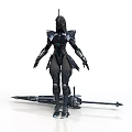 Standing Armored Character In Black Futuristic Armor With Spear Weapon