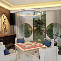 Hotel Mahjong Room With Chinese Style Round Table Wooden Decor And Paintings