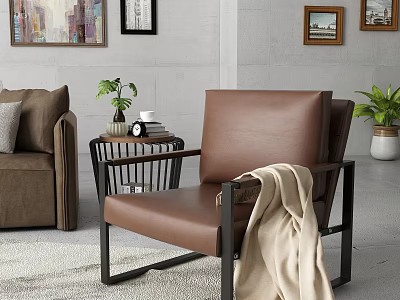 Modern Brown Leather Single Sofa with Metal Frame and Beige Blanket in Living Room 3d model