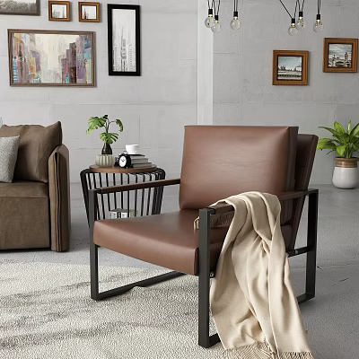 Modern Brown Leather Single Sofa with Metal Frame and Beige Blanket in Living Room 3d model