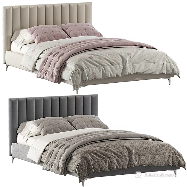 Modern Double Bed with Tufted Headboard Soft Pillows and Cozy Bedding 3d model 
