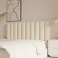 Modern Design Double Bed with Beige Vertical Panel Upholstered Headboard Abstract Painting Green Plant Decor