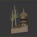 Miniature Scenic Model Featuring Wooden Cottage Pine Trees and Small Pond
