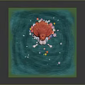 Game Movie Character Red Haired Female in Green Square Pool with Flower Petals and Floating Items