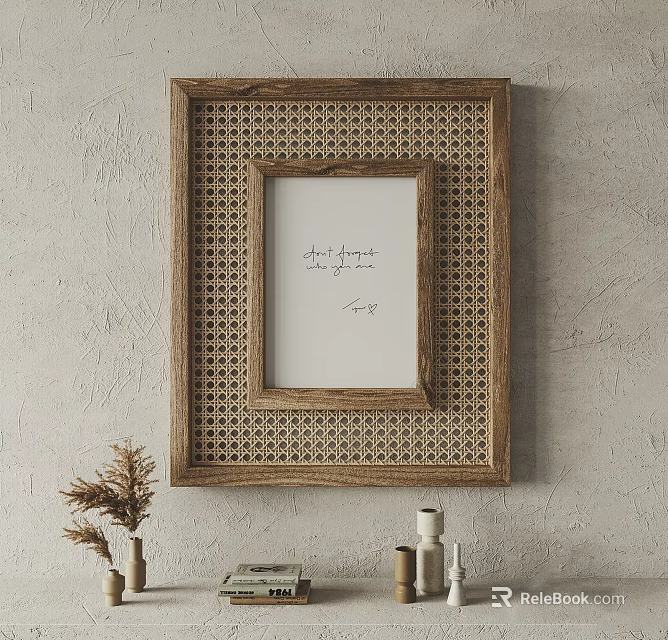 Wooden Frame With Rattan Weave Design On Gray Wall Decorative Handwritten Note 3d model 