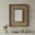 Wooden Frame With Rattan Weave Design On Gray Wall Decorative Handwritten Note