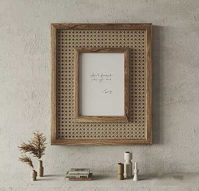 Wooden Frame With Rattan Weave Design On Gray Wall Decorative Handwritten Note 3d model