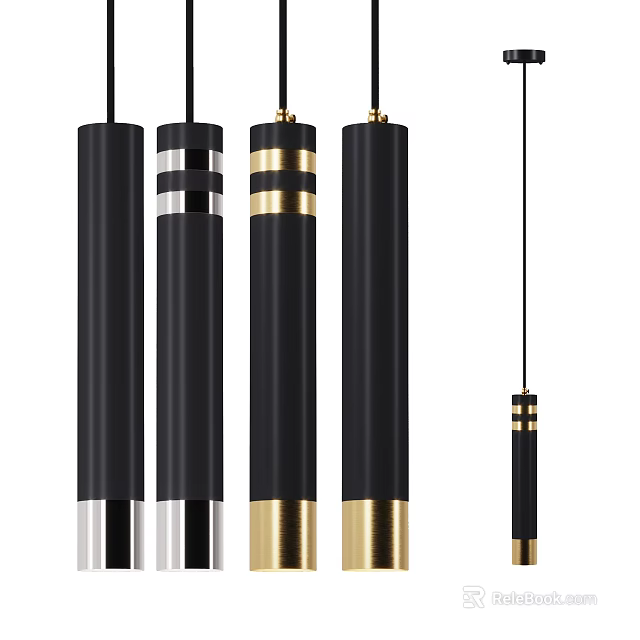 Modern Black Cylindrical Pendant Lights With Gold Silver Accents For Interior Design 3d model 