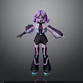 3D Cartoon Character With Purple Pink Hair Black Outfit And Neon Glowing Accents