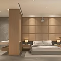 Modern Hotel Guest Room With Wooden Walls White Bedding Gray Throw Large Window Mountain Painting