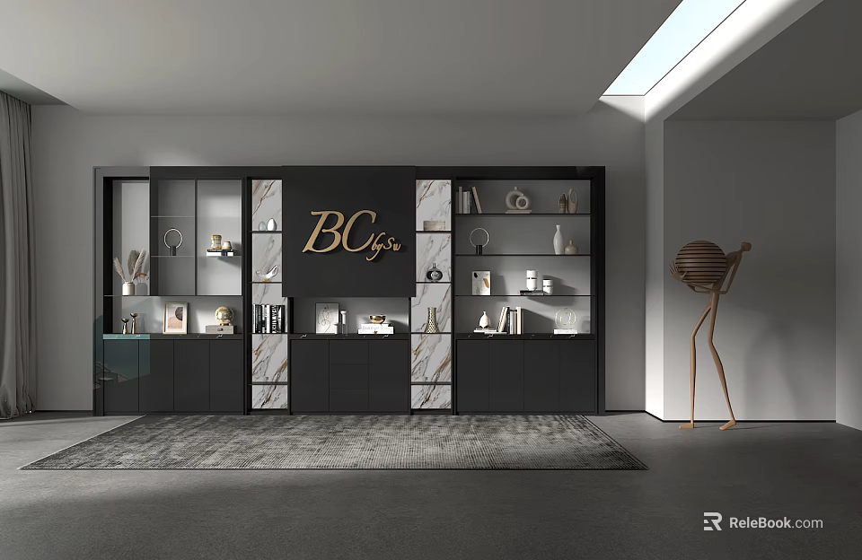 Modern Black Bookcase With Glass Doors Open Shelves Marble Details And Decorative Items 3d model 