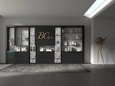 Modern Black Bookcase With Glass Doors Open Shelves Marble Details And Decorative Items 3d model