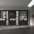 Modern Black Bookcase With Glass Doors Open Shelves Marble Details And Decorative Items