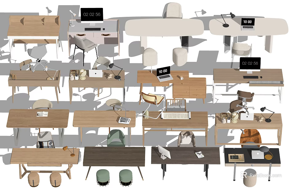 Modern Office Desk Design With Wooden Tops Chair Lamp And Laptop Elements 3d model 