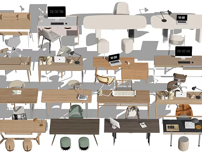 Modern Office Desk Design With Wooden Tops Chair Lamp And Laptop Elements 3d model